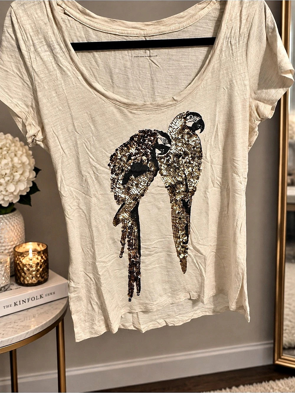 Express Sequin Parrot Graphic Tee in Cream Size Small